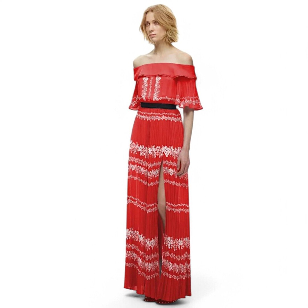 Self Portrait Maxi Off Shoulder Pleated Maxi Dress Size 0 Red High Slit NWOT